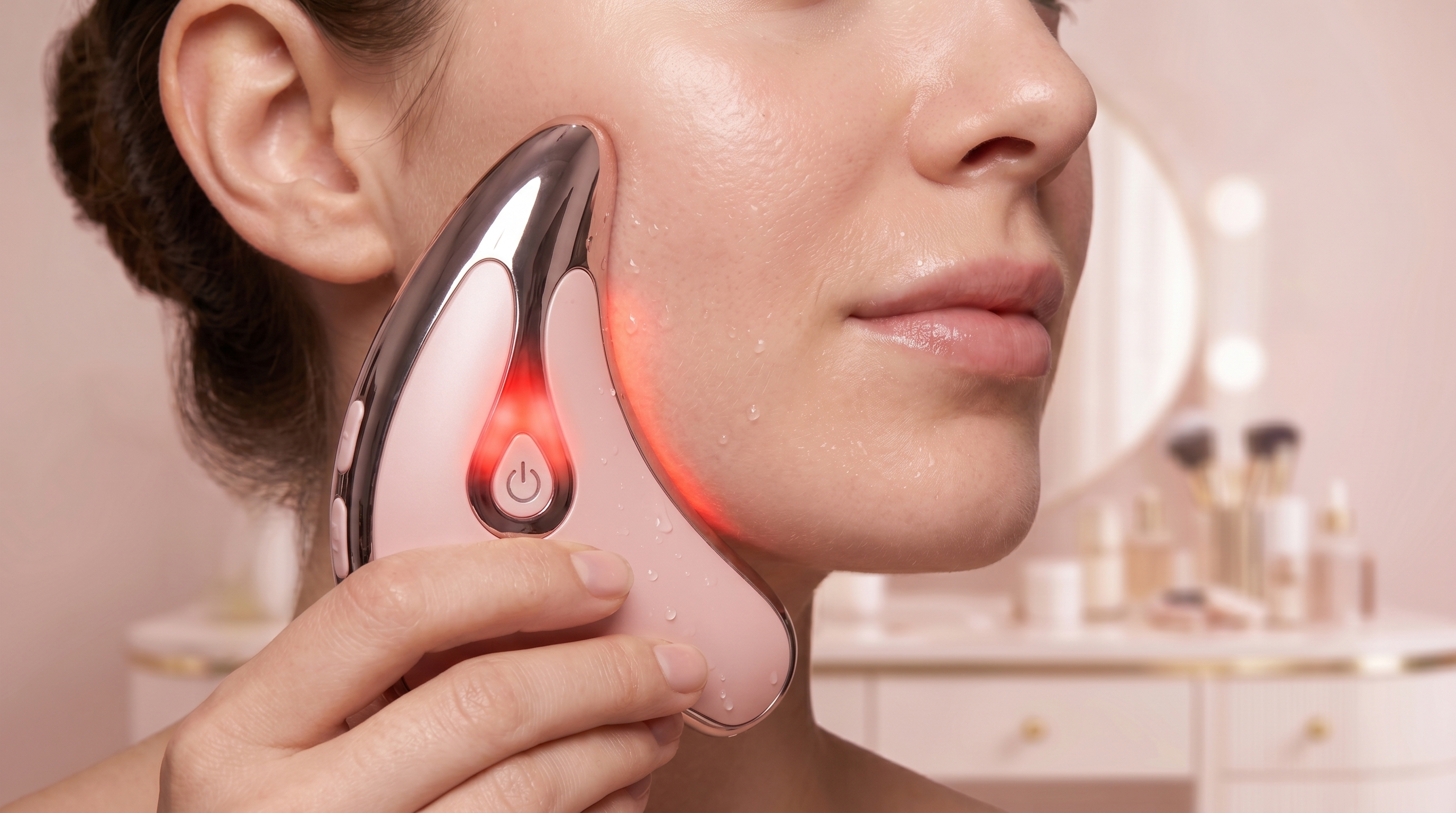 Model using the Sculpt device on her cheek with red LED visible